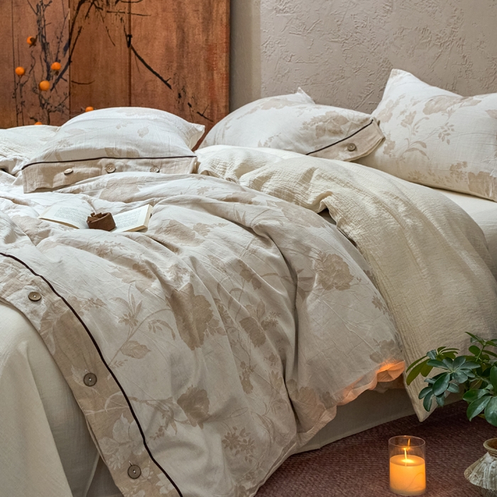 91家纺网 家纺一手货源 找家纺 春皖家纺 2025新款棉麻大提花双层纱系列四件套-纽扣款 浮锦