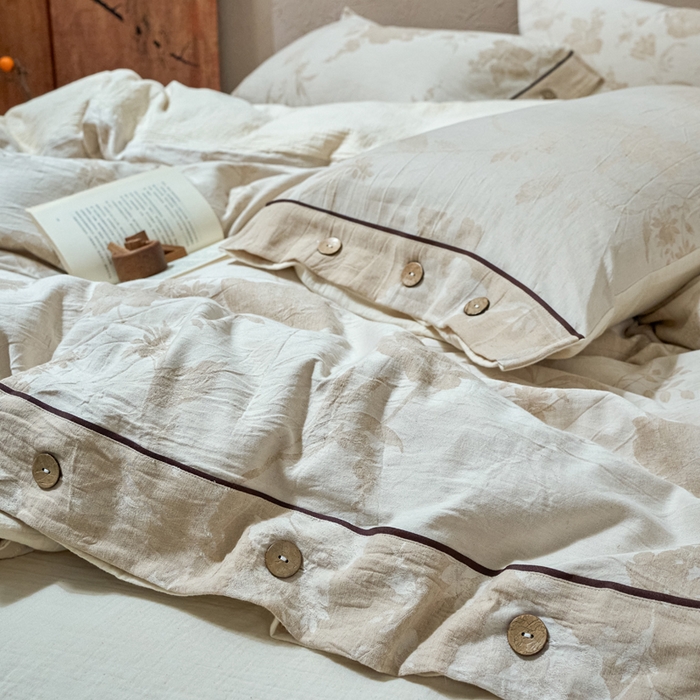 91家纺网 家纺一手货源 找家纺 春皖家纺 2025新款棉麻大提花双层纱系列四件套-纽扣款 浮锦