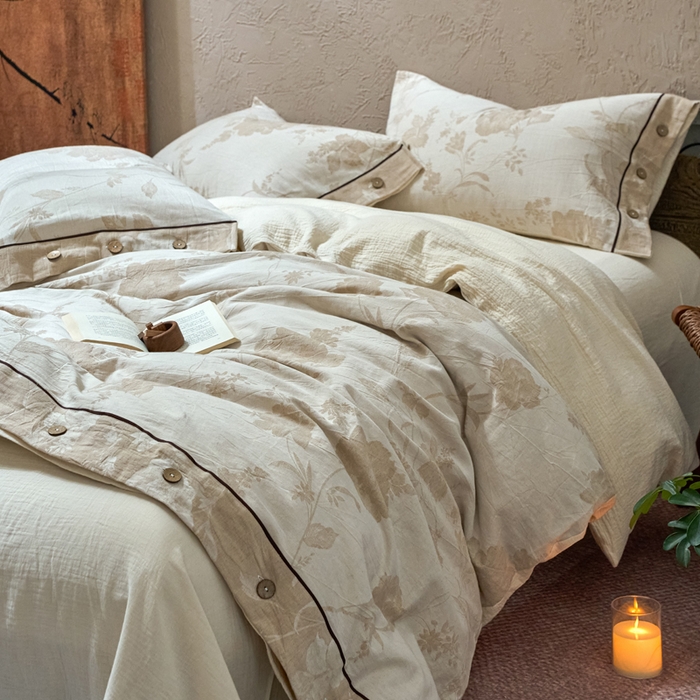 91家纺网 家纺一手货源 找家纺 春皖家纺 2025新款棉麻大提花双层纱系列四件套-纽扣款 浮锦