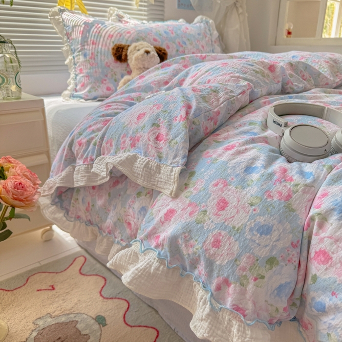 繁花家居 2025新款云感棉提花学生季超温柔小花边四件套 南笙假日