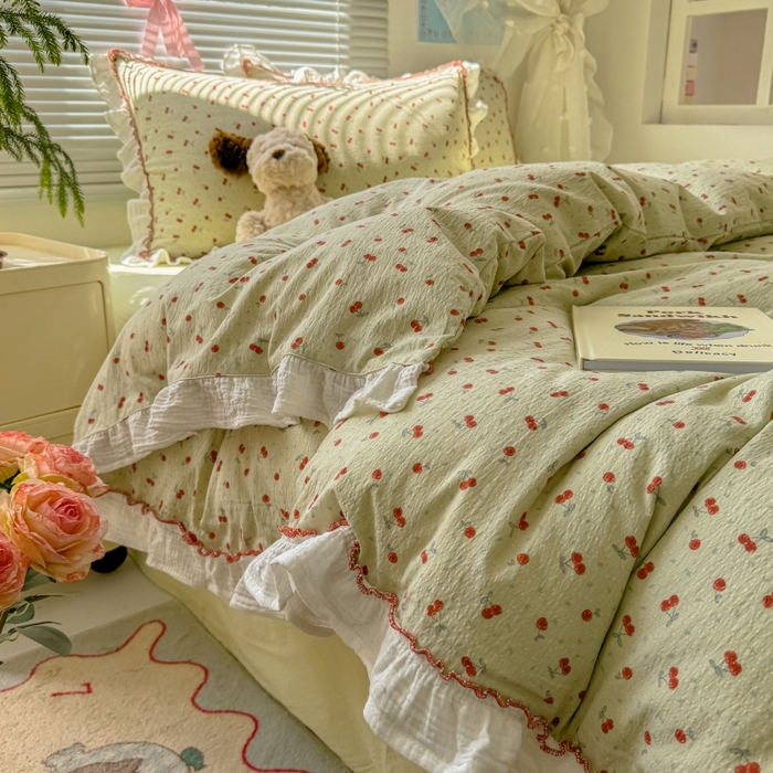 繁花家居 2025新款云感棉提花学生季超温柔小花边四件套 青樱