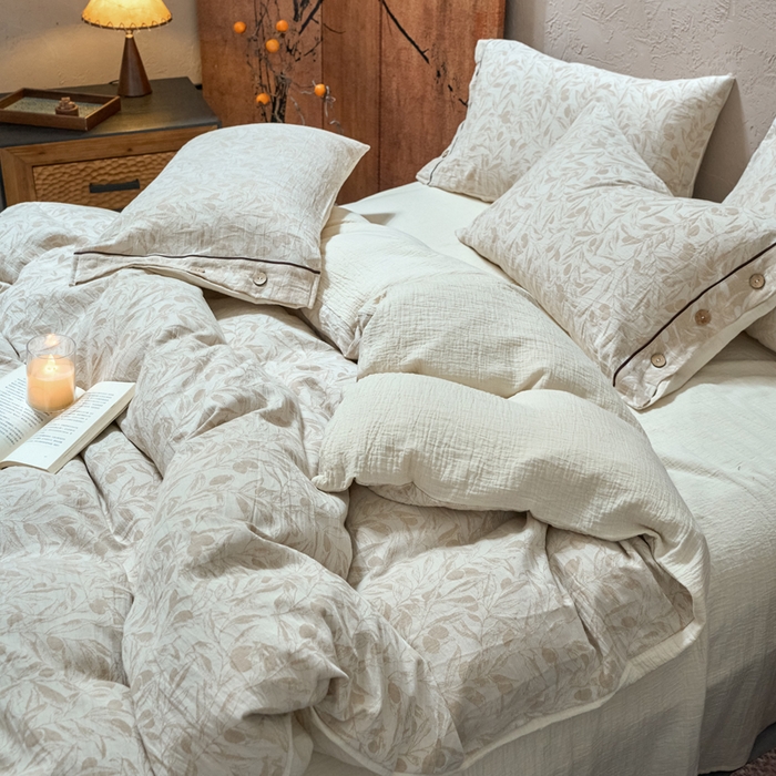 91家纺网 家纺一手货源 找家纺 春皖家纺 2025新款棉麻大提花双层纱系列四件套-纽扣款 赫素