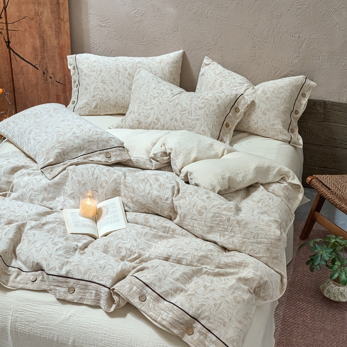 91家纺网 家纺一手货源 找家纺 春皖家纺 2025新款棉麻大提花双层纱系列四件套-纽扣款 赫素