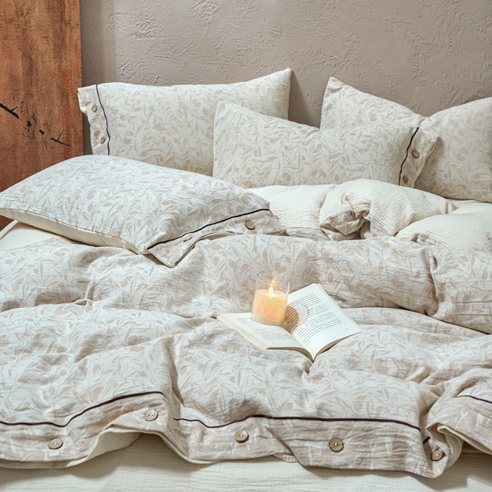 91家纺网 家纺一手货源 找家纺 春皖家纺 2025新款棉麻大提花双层纱系列四件套-纽扣款 赫素