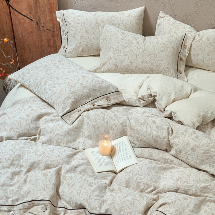 91家纺网 家纺一手货源 找家纺 春皖家纺 2025新款棉麻大提花双层纱系列四件套-纽扣款 赫素