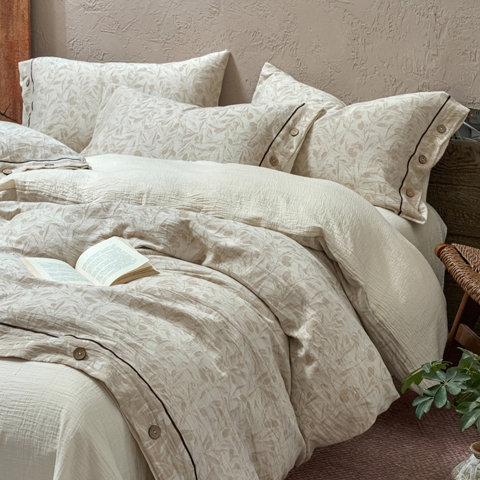 91家纺网 家纺一手货源 找家纺 春皖家纺 2025新款棉麻大提花双层纱系列四件套-纽扣款 赫素