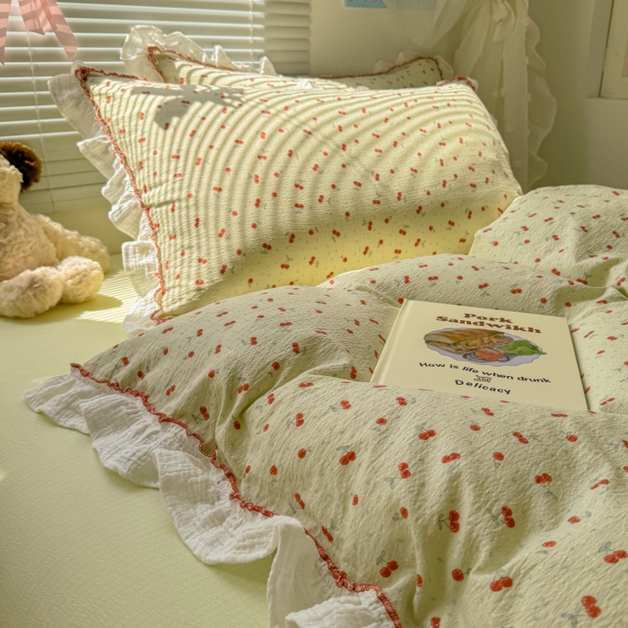 91家纺网 家纺一手货源 找家纺 繁花家居 2025新款云感棉提花学生季超温柔小花边四件套 青樱