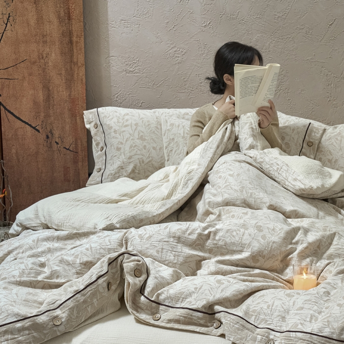 91家纺网 家纺一手货源 找家纺 春皖家纺 2025新款棉麻大提花双层纱系列四件套-纽扣款 赫素