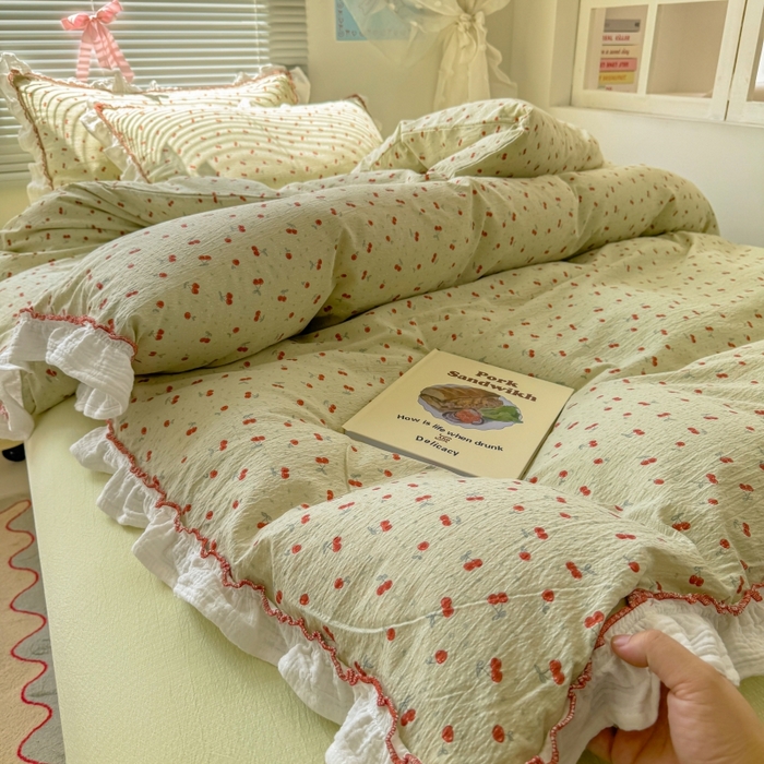 91家纺网 家纺一手货源 找家纺 繁花家居 2025新款云感棉提花学生季超温柔小花边四件套 青樱