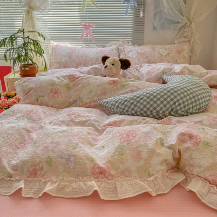 91家纺网 家纺一手货源 找家纺 繁花家居 2025新款云感棉提花学生季超温柔小花边四件套 秋水伊人