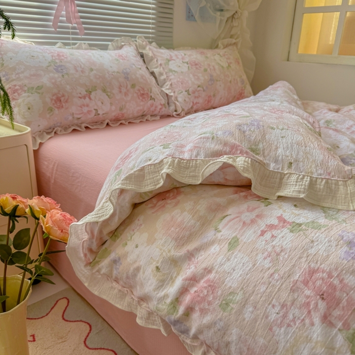 91家纺网 家纺一手货源 找家纺 繁花家居 2025新款云感棉提花学生季超温柔小花边四件套 秋水伊人