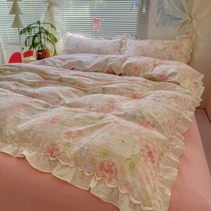 91家纺网 家纺一手货源 找家纺 繁花家居 2025新款云感棉提花学生季超温柔小花边四件套 秋水伊人