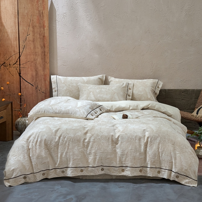 春皖家纺 2025新款棉麻大提花双层纱系列四件套-纽扣款 柔黛