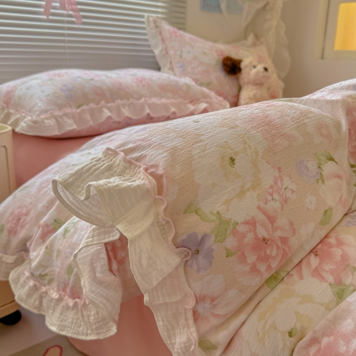 91家纺网 家纺一手货源 找家纺 繁花家居 2025新款云感棉提花学生季超温柔小花边四件套 秋水伊人