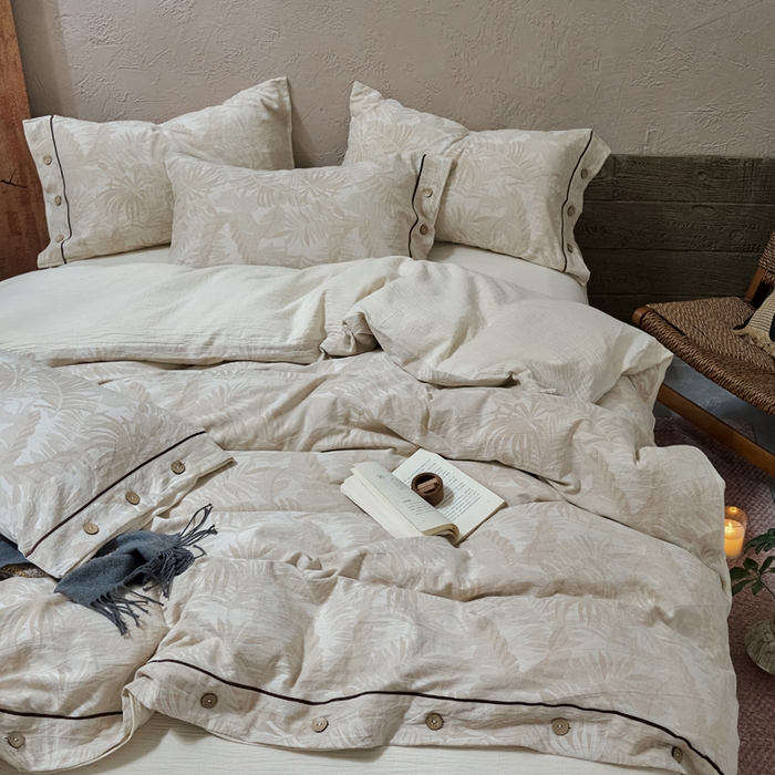 91家纺网 家纺一手货源 找家纺 春皖家纺 2025新款棉麻大提花双层纱系列四件套-纽扣款 柔黛