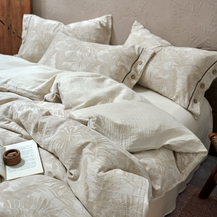 91家纺网 家纺一手货源 找家纺 春皖家纺 2025新款棉麻大提花双层纱系列四件套-纽扣款 柔黛