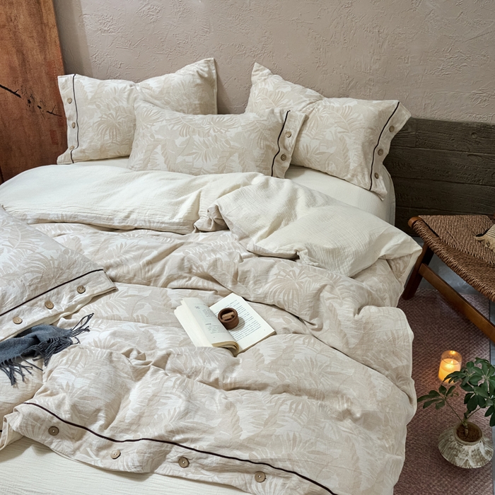 91家纺网 家纺一手货源 找家纺 春皖家纺 2025新款棉麻大提花双层纱系列四件套-纽扣款 柔黛