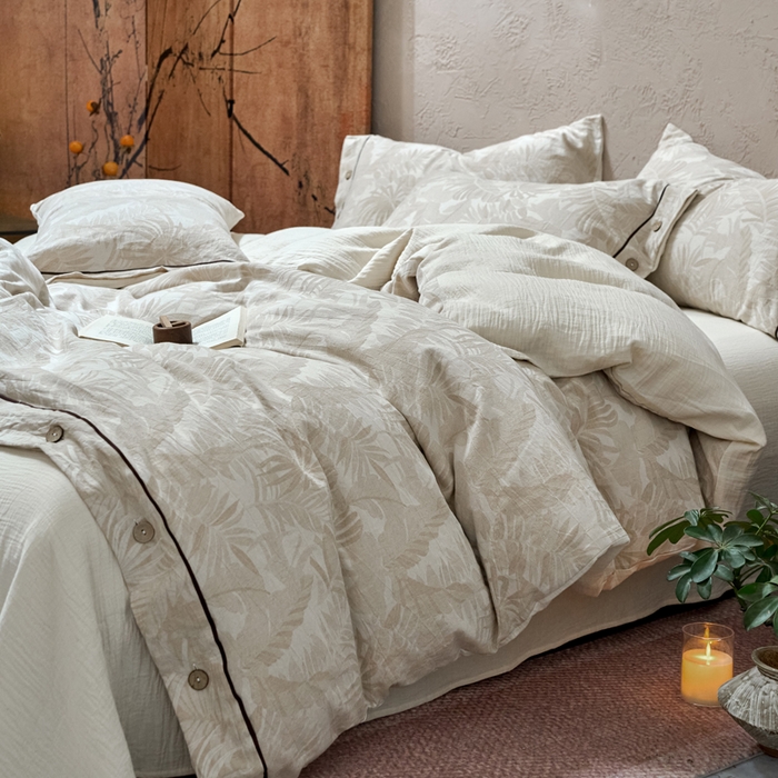 91家纺网 家纺一手货源 找家纺 春皖家纺 2025新款棉麻大提花双层纱系列四件套-纽扣款 柔黛