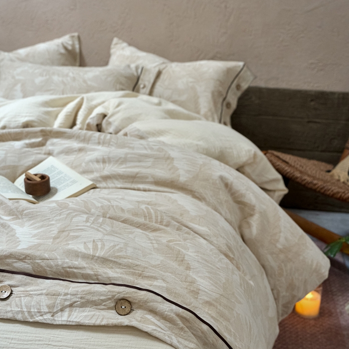 91家纺网 家纺一手货源 找家纺 春皖家纺 2025新款棉麻大提花双层纱系列四件套-纽扣款 柔黛