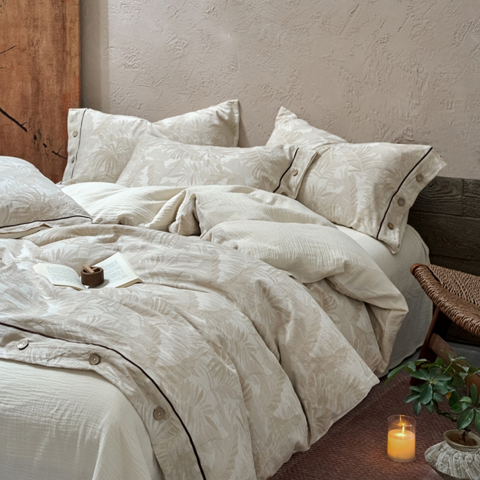 91家纺网 家纺一手货源 找家纺 春皖家纺 2025新款棉麻大提花双层纱系列四件套-纽扣款 柔黛