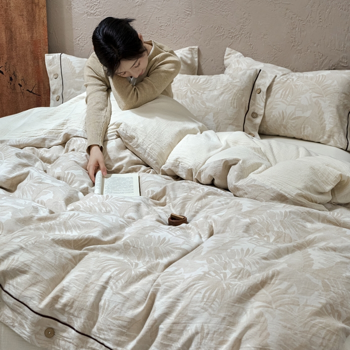 91家纺网 家纺一手货源 找家纺 春皖家纺 2025新款棉麻大提花双层纱系列四件套-纽扣款 柔黛