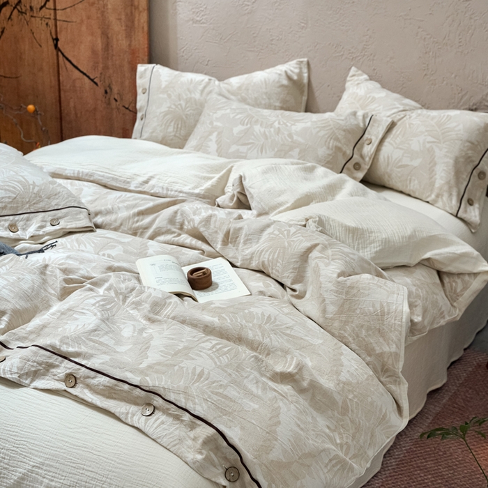 91家纺网 家纺一手货源 找家纺 春皖家纺 2025新款棉麻大提花双层纱系列四件套-纽扣款 柔黛