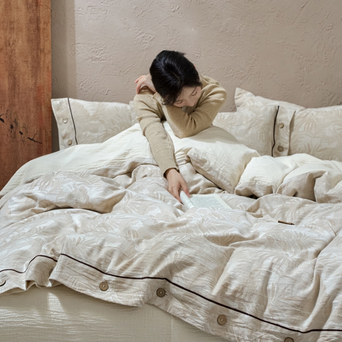 91家纺网 家纺一手货源 找家纺 春皖家纺 2025新款棉麻大提花双层纱系列四件套-纽扣款 柔黛