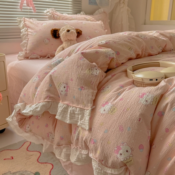 繁花家居 2025新款云感棉提花学生季超温柔小花边四件套 圣代甜喵-粉