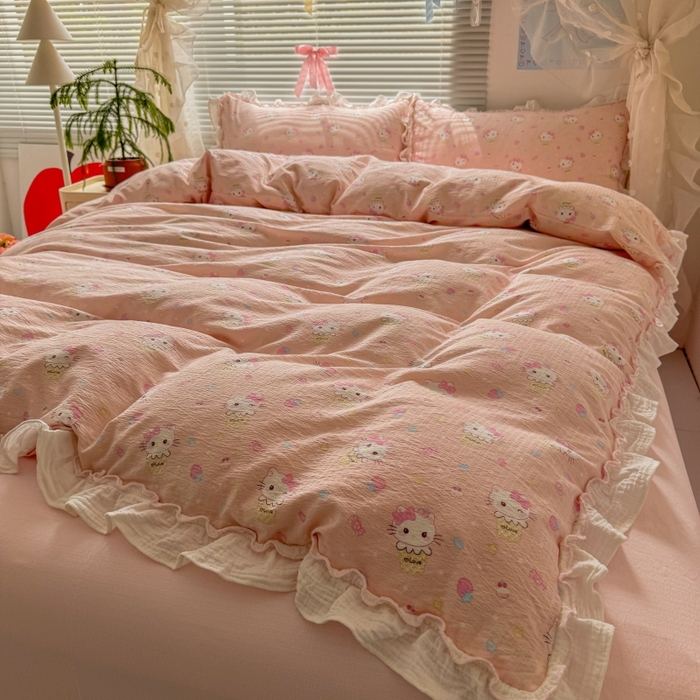 91家纺网 家纺一手货源 找家纺 繁花家居 2025新款云感棉提花学生季超温柔小花边四件套 圣代甜喵-粉