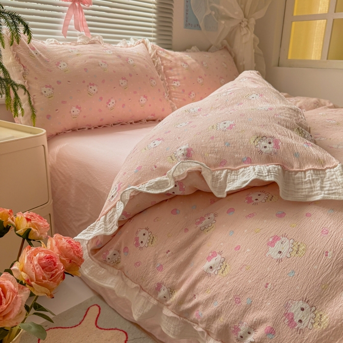 91家纺网 家纺一手货源 找家纺 繁花家居 2025新款云感棉提花学生季超温柔小花边四件套 圣代甜喵-粉