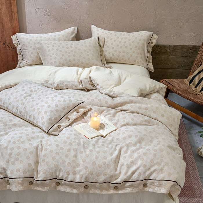 91家纺网 家纺一手货源 找家纺 春皖家纺 2025新款棉麻大提花双层纱系列四件套-纽扣款 愫朵