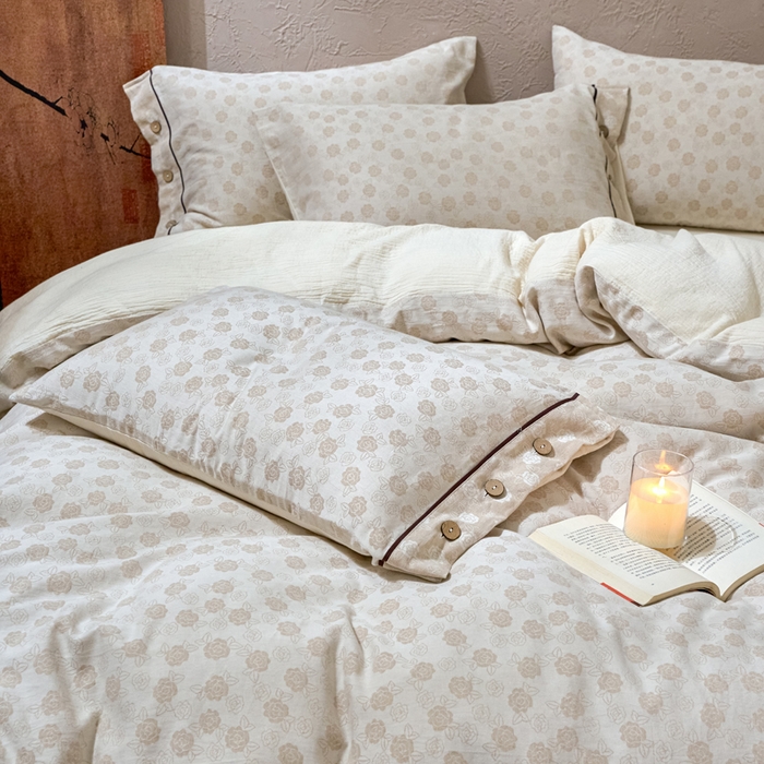 91家纺网 家纺一手货源 找家纺 春皖家纺 2025新款棉麻大提花双层纱系列四件套-纽扣款 愫朵