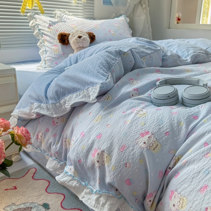 繁花家居 2025新款云感棉提花学生季超温柔小花边四件套 圣代甜喵-蓝