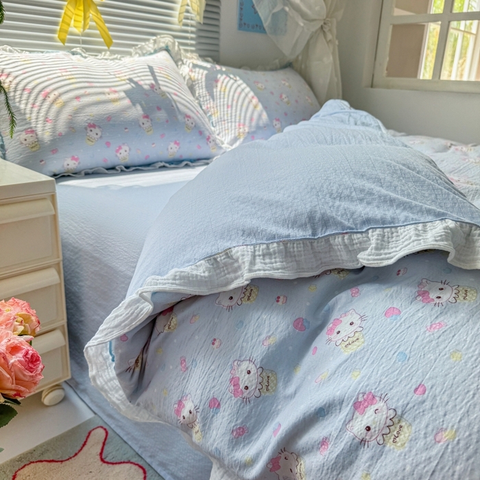 91家纺网 家纺一手货源 找家纺 繁花家居 2025新款云感棉提花学生季超温柔小花边四件套 圣代甜喵-蓝