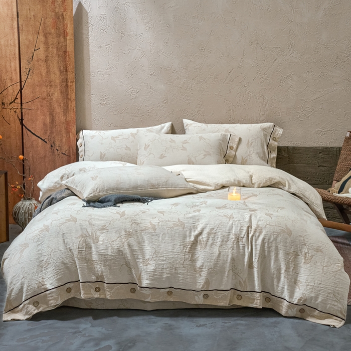 春皖家纺 2025新款棉麻大提花双层纱系列四件套-纽扣款 以茉