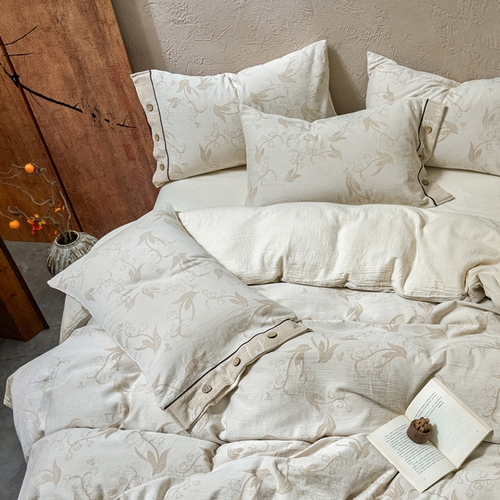 91家纺网 家纺一手货源 找家纺 春皖家纺 2025新款棉麻大提花双层纱系列四件套-纽扣款 以茉