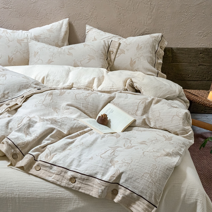 91家纺网 家纺一手货源 找家纺 春皖家纺 2025新款棉麻大提花双层纱系列四件套-纽扣款 以茉