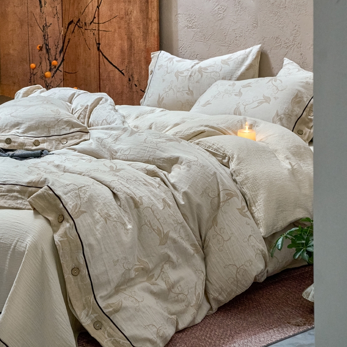 91家纺网 家纺一手货源 找家纺 春皖家纺 2025新款棉麻大提花双层纱系列四件套-纽扣款 以茉