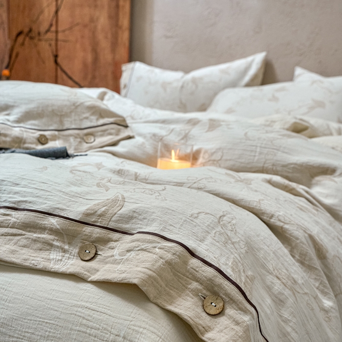 91家纺网 家纺一手货源 找家纺 春皖家纺 2025新款棉麻大提花双层纱系列四件套-纽扣款 以茉