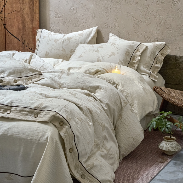 91家纺网 家纺一手货源 找家纺 春皖家纺 2025新款棉麻大提花双层纱系列四件套-纽扣款 以茉