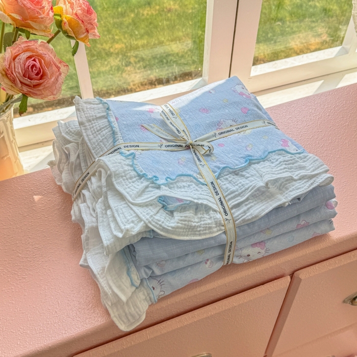 91家纺网 家纺一手货源 找家纺 繁花家居 2025新款云感棉提花学生季超温柔小花边四件套 圣代甜喵-蓝