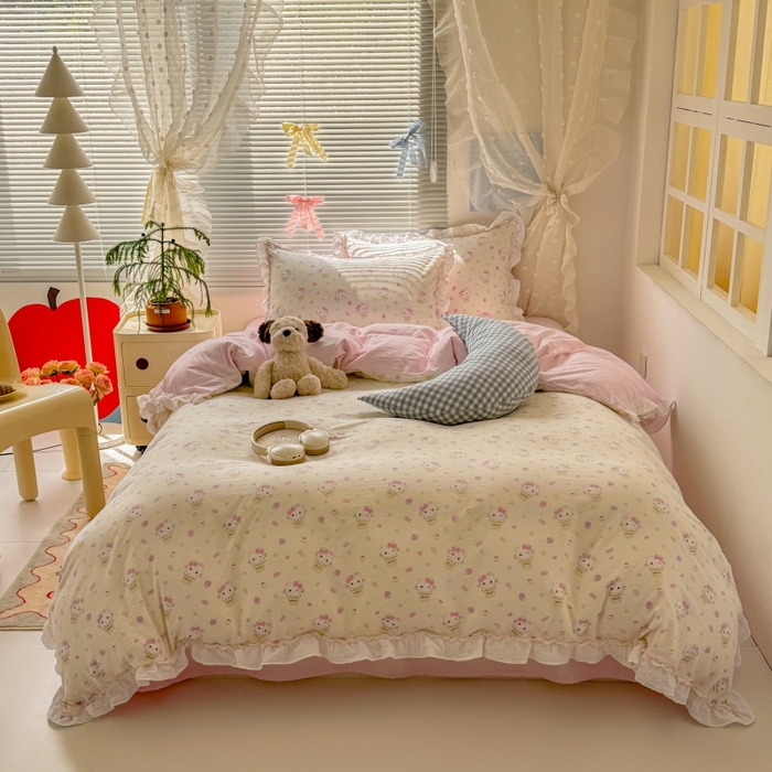 91家纺网 家纺一手货源 找家纺 繁花家居 2025新款云感棉提花学生季超温柔小花边四件套 圣代甜喵-米