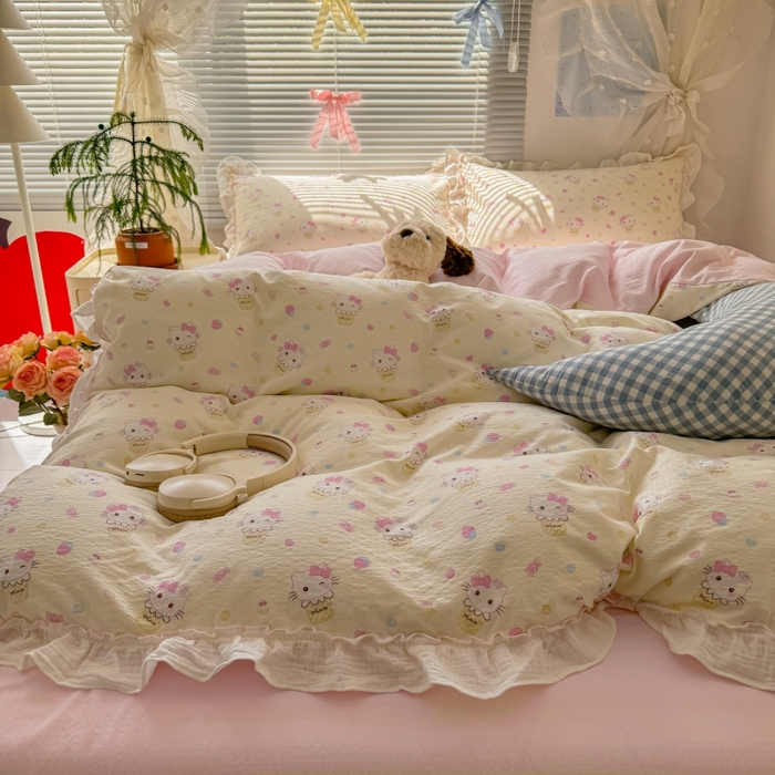 91家纺网 家纺一手货源 找家纺 繁花家居 2025新款云感棉提花学生季超温柔小花边四件套 圣代甜喵-米