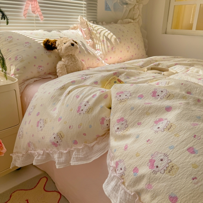 91家纺网 家纺一手货源 找家纺 繁花家居 2025新款云感棉提花学生季超温柔小花边四件套 圣代甜喵-米