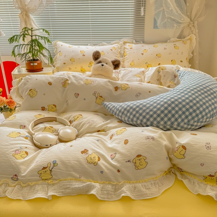 91家纺网 家纺一手货源 找家纺 繁花家居 2025新款云感棉提花学生季超温柔小花边四件套 小狗布丁
