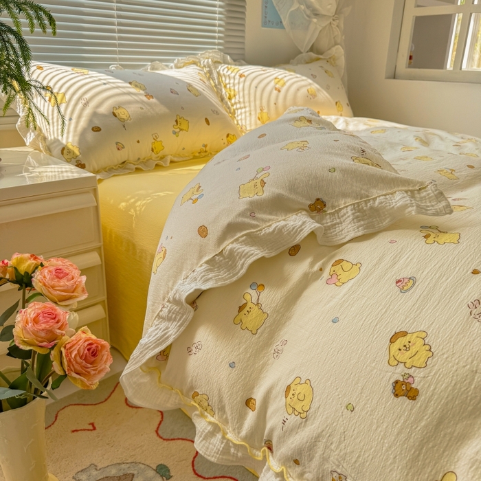 91家纺网 家纺一手货源 找家纺 繁花家居 2025新款云感棉提花学生季超温柔小花边四件套 小狗布丁