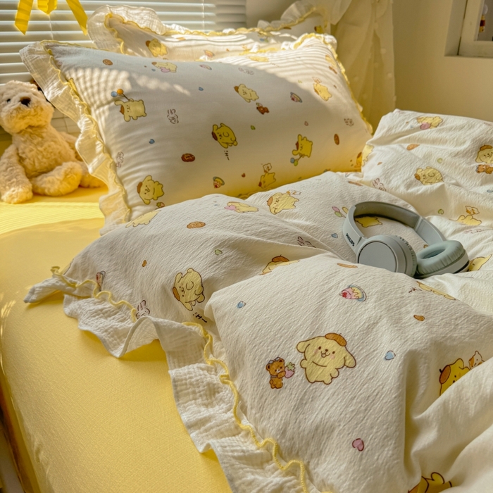 91家纺网 家纺一手货源 找家纺 繁花家居 2025新款云感棉提花学生季超温柔小花边四件套 小狗布丁