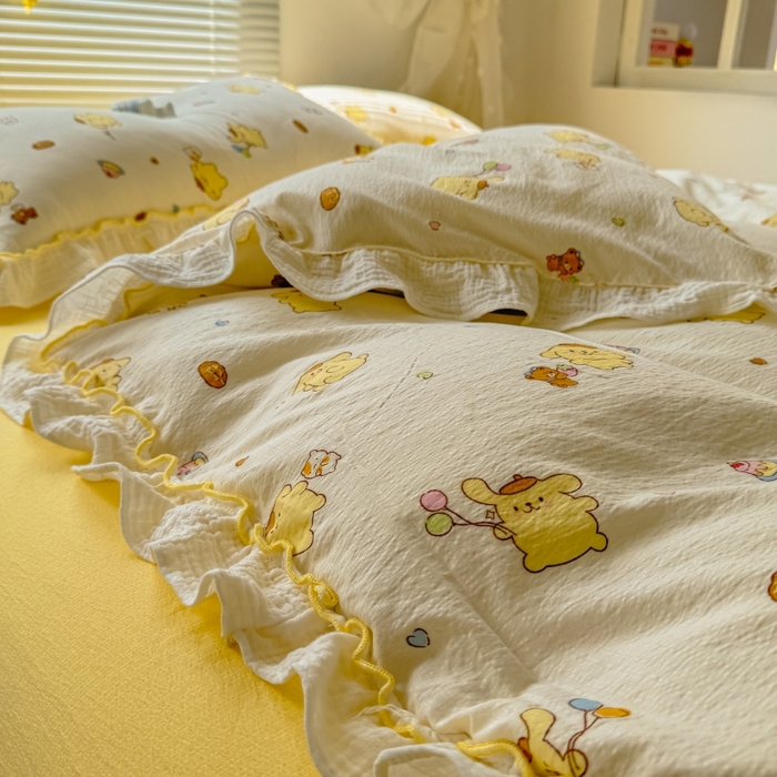 91家纺网 家纺一手货源 找家纺 繁花家居 2025新款云感棉提花学生季超温柔小花边四件套 小狗布丁