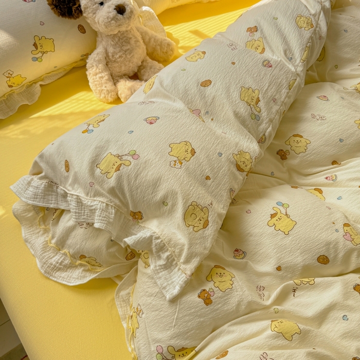 91家纺网 家纺一手货源 找家纺 繁花家居 2025新款云感棉提花学生季超温柔小花边四件套 小狗布丁