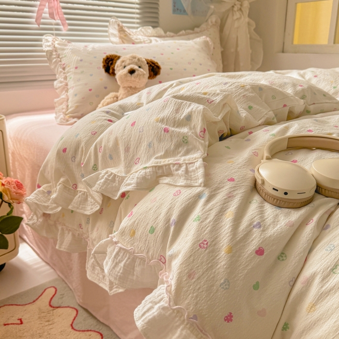 繁花家居 2025新款云感棉提花学生季超温柔小花边四件套 心型糖露